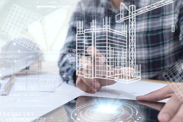 Engineer or Architect looking and touching interface with building design reality virtual technology on computer tablet at modern office on site . Building automation digital wireless control concept